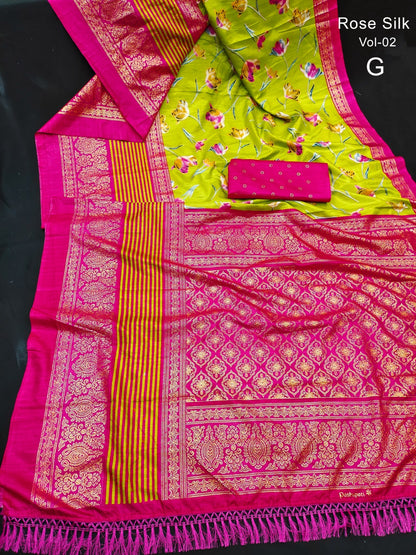 Dola Silk Saree with Kalamkari Patola Digital Print and Gold Zari Foil Border