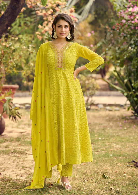 Georgette Anarkali Kurta Pant Dupatta Set with Embroidery and Khatli Mirror Work – L to 2XL