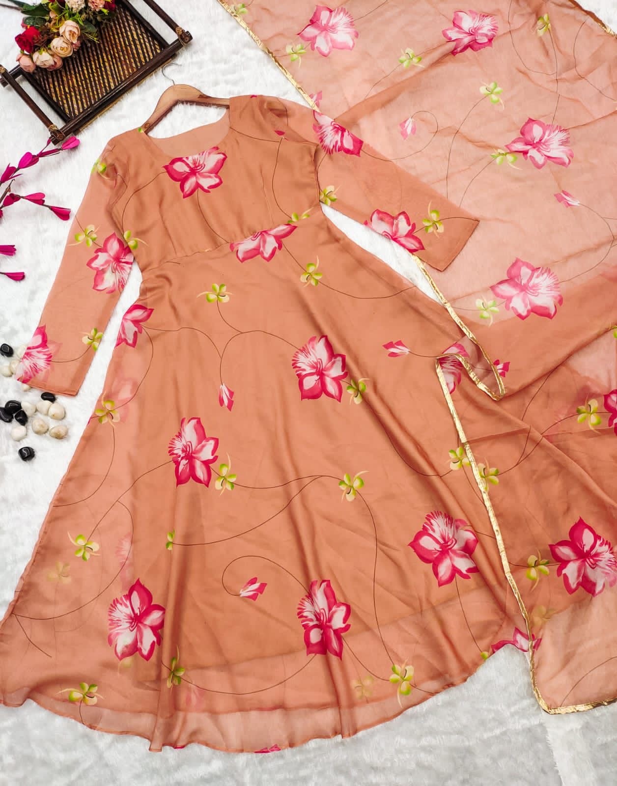 Brush Paint Tabby Organza Gown with Dupatta for Women – Fully Lined Flared Ethnic Dress – Size 42