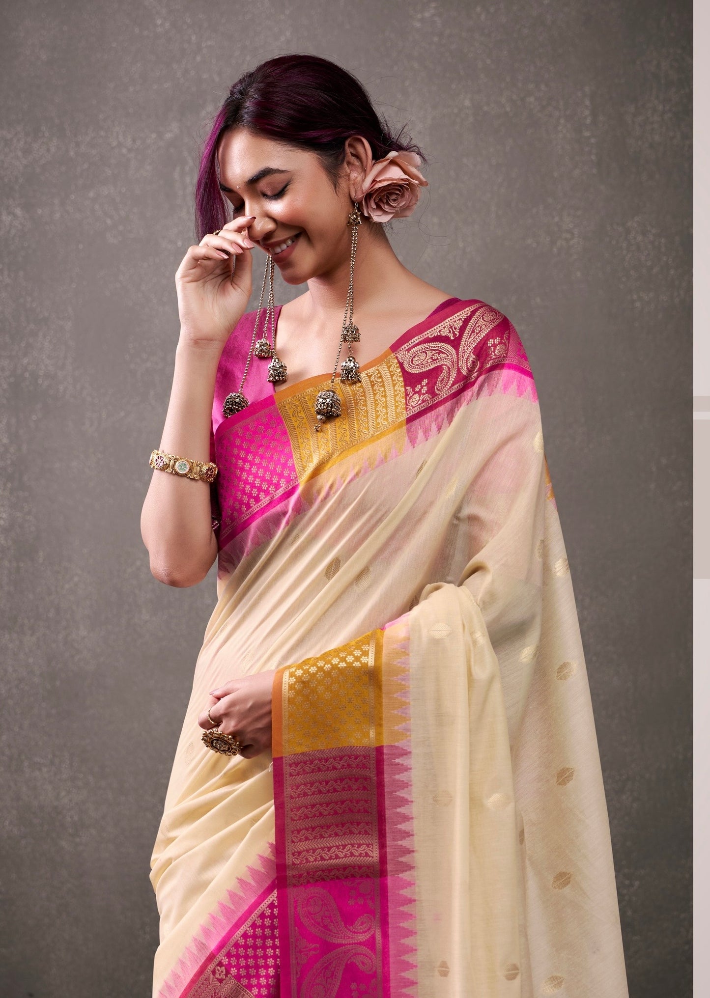 royal modal cotton saree with zari border and contrast blouse – festive ethnic wear for women