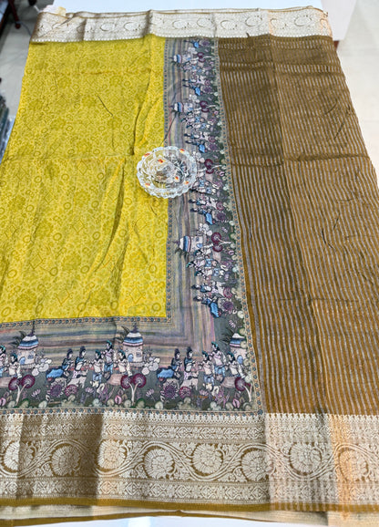 Russian Viscose Crepe Silk Chittpallu Saree with Heritage Print and Zari Border for Women