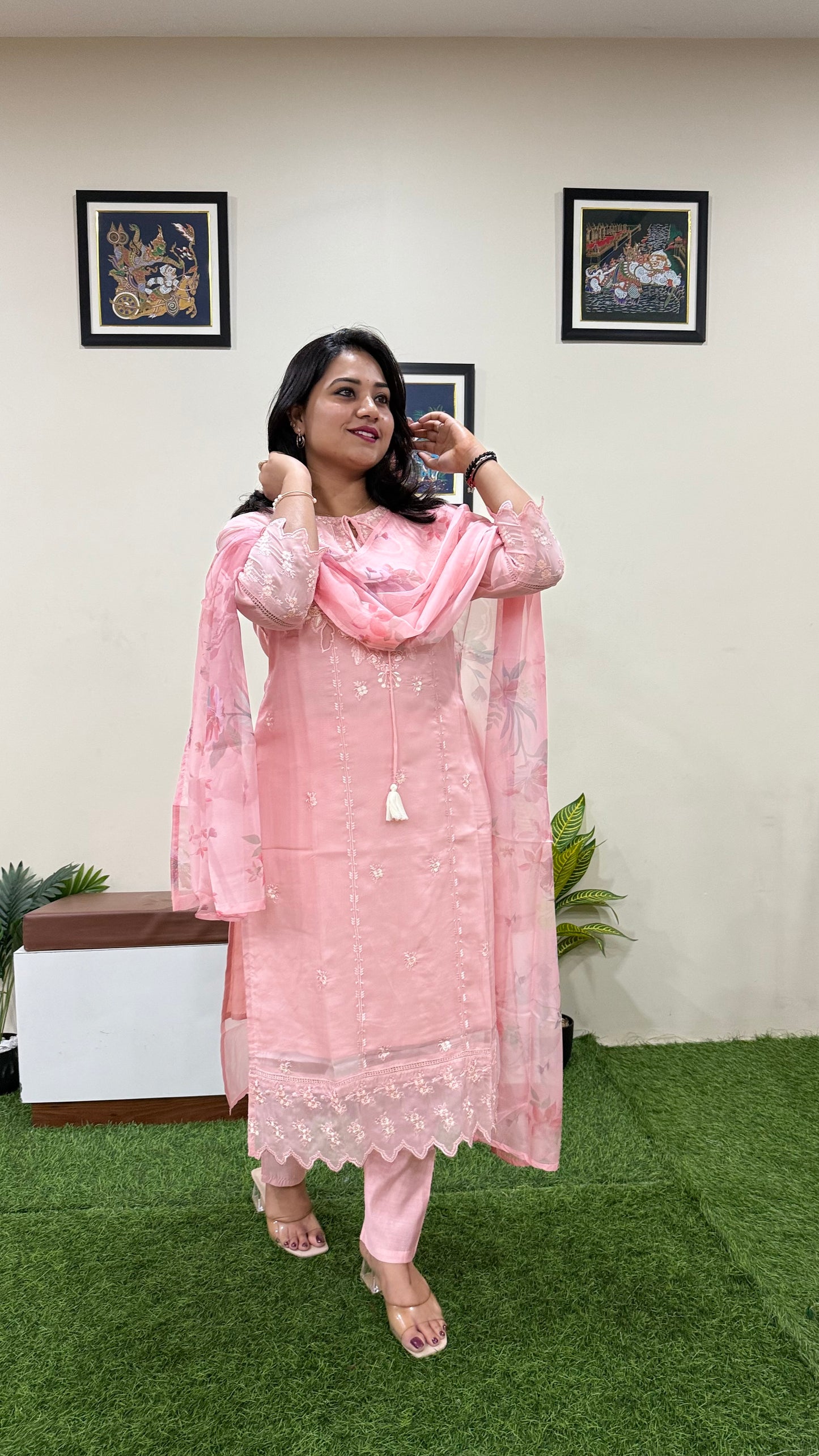 Women’s Organza Embroidered Suit Set with Viscose Silk Pant and Digital Print Dupatta – L to 3XL