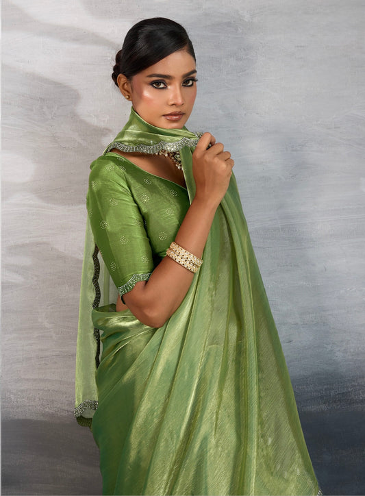 Burberry Chiffon Saree with Zarkan and Cutdana Appliqué Lace Work – Designer Party Wear Saree for Women