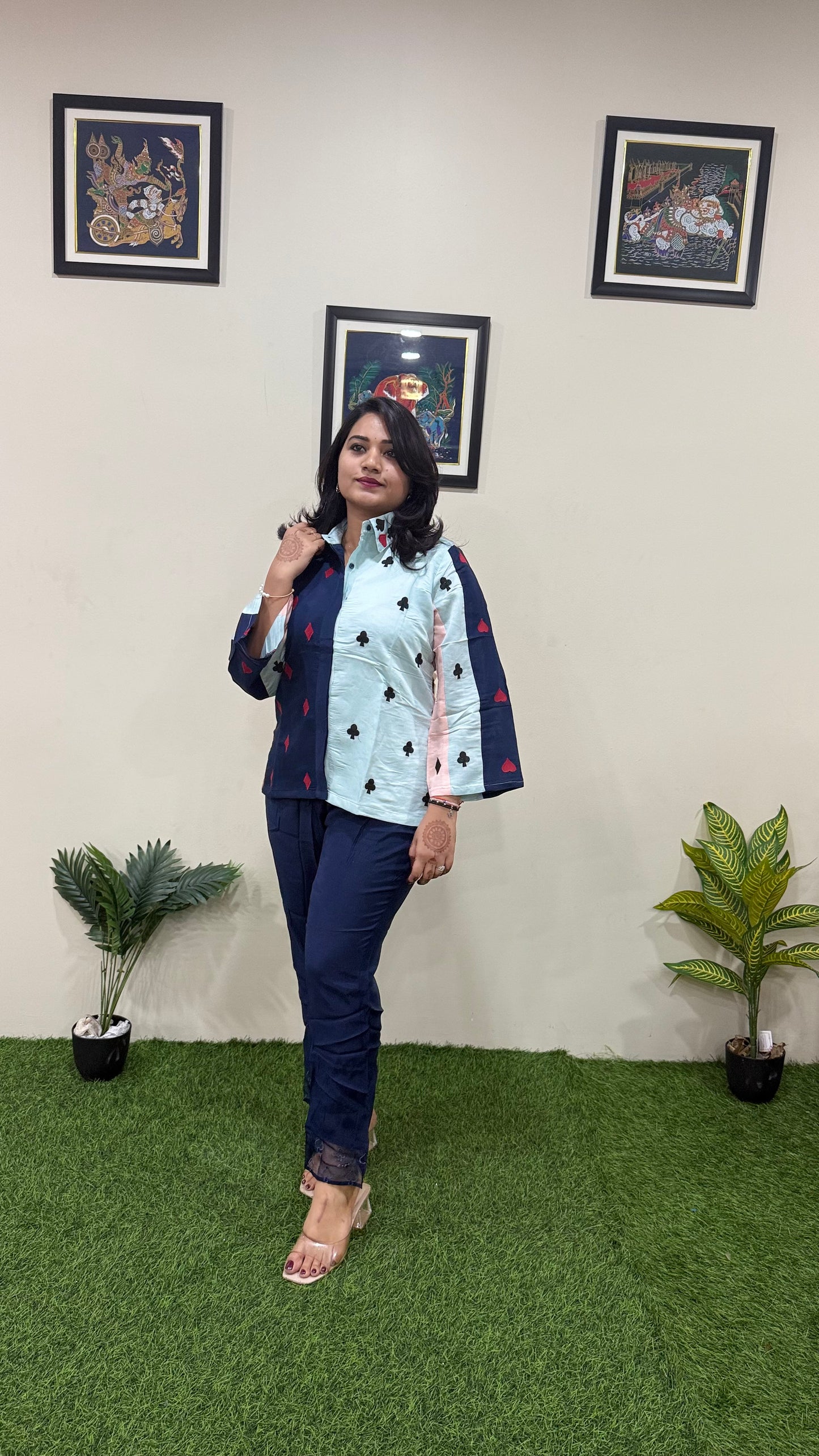 Women's Pure Silk Colorblock Co-ord Set with Card Suit Print and Sheer Panel Pants