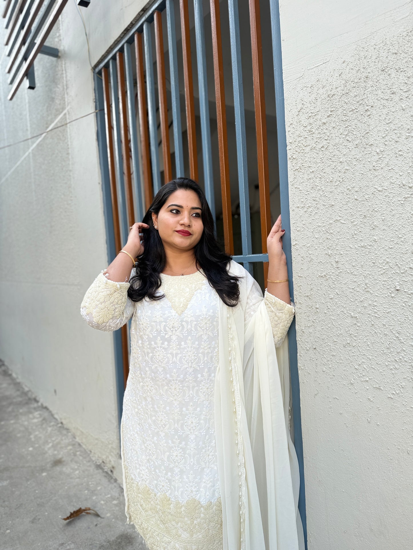 Women’s premium georgette embroidered stitched suit set with beads work and palazzo (XL)