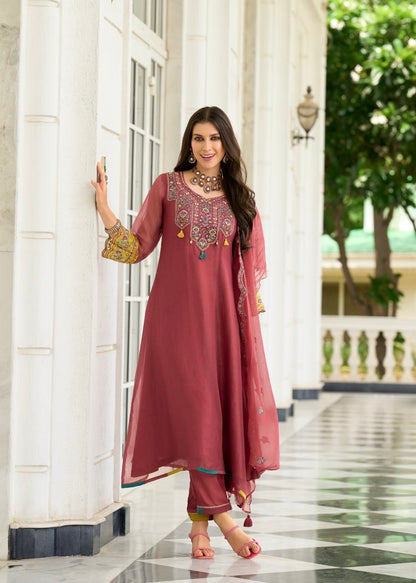 Organza Crush 3-Piece Suit Set with Embroidery, Handwork and Muslin Inner for Women