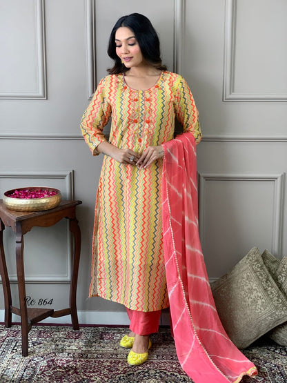 Chanderi Silk Printed Kurta Pant Set with Embroidery and Chiffon Dupatta for Women