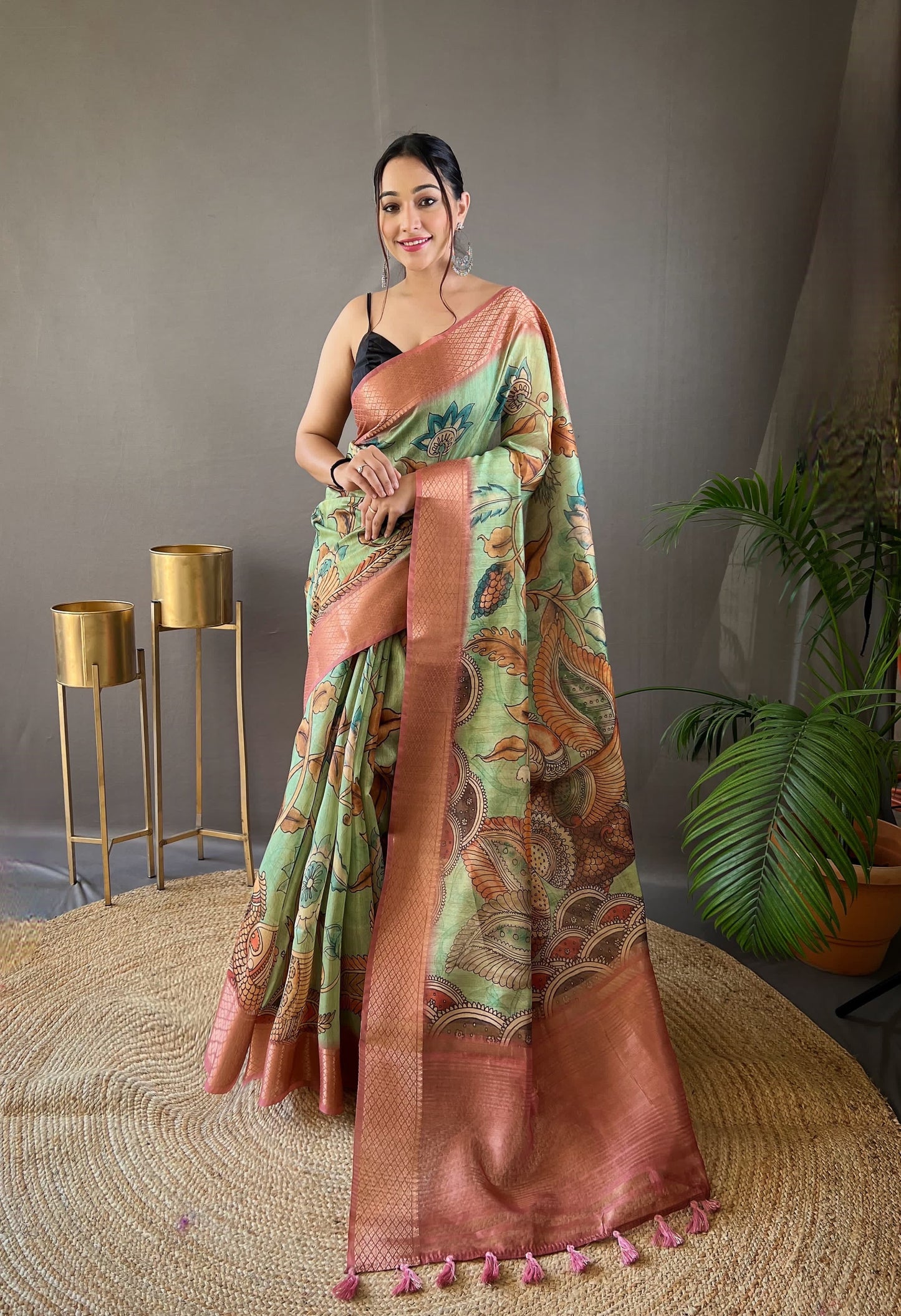 Tussar Silk Saree with Hand-Painted Style Kalamkari Print, Zari Border, and Contrast Blouse