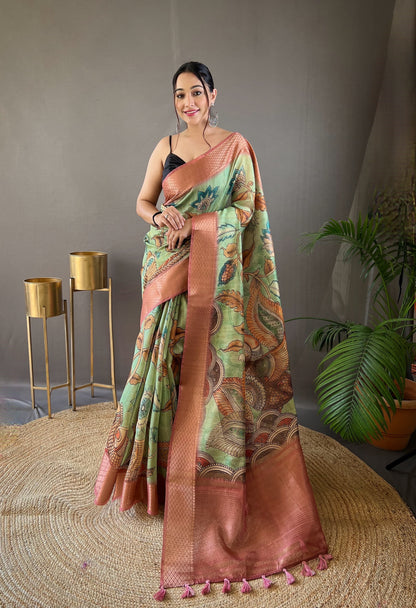 Tussar Silk Saree with Hand-Painted Style Kalamkari Print, Zari Border, and Contrast Blouse