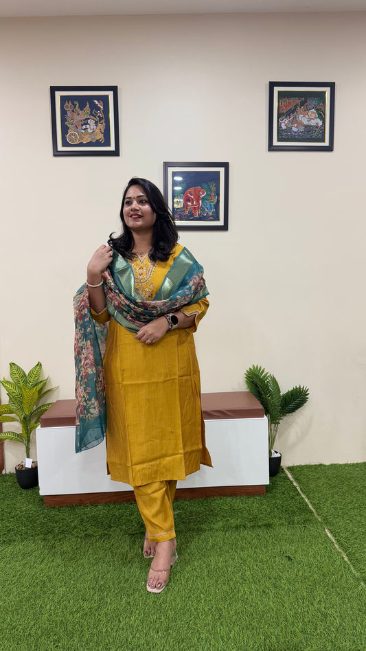 Vertican Silk Straight Cut Kurta Pant Dupatta Set with Organza Digital Print Dupatta – Sizes XL to 3XL