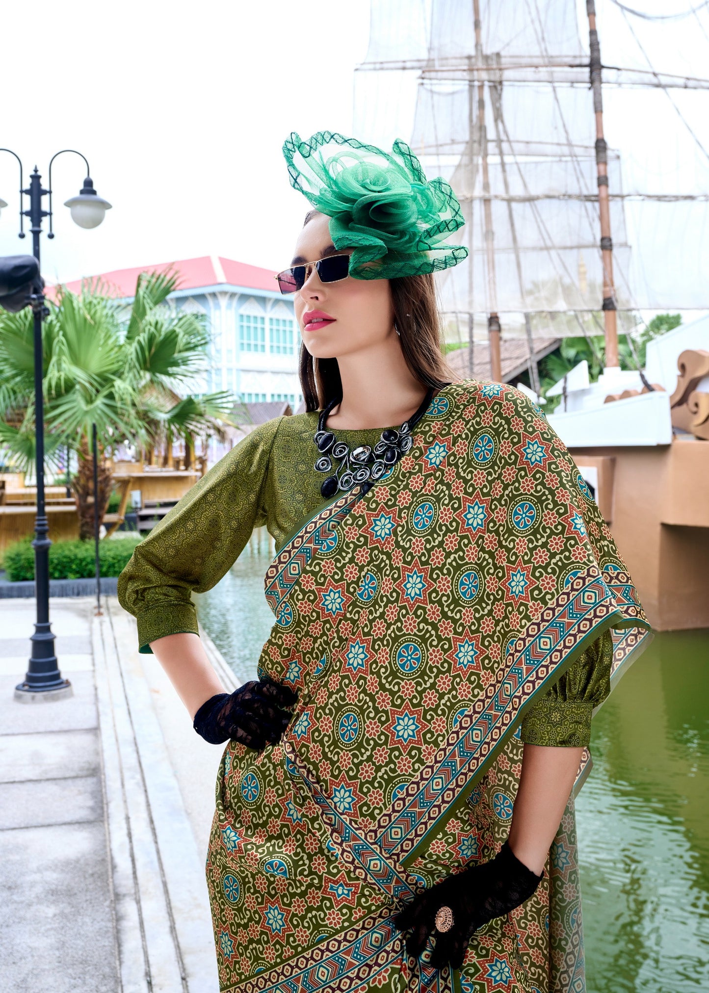 Pure Satin Silk Saree with Ajrakh Print – Festival and Traditional Wear Saree for Women