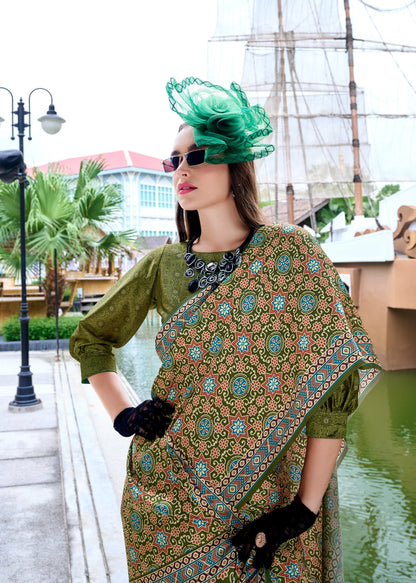 Pure Satin Silk Saree with Ajrakh Print – Festival and Traditional Wear Saree for Women