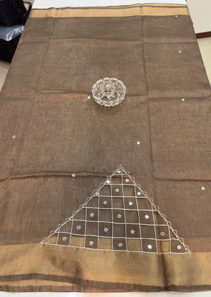 Pure Tissue 150 Count Linen Handloom Saree with Handwork and Running Blouse for Women