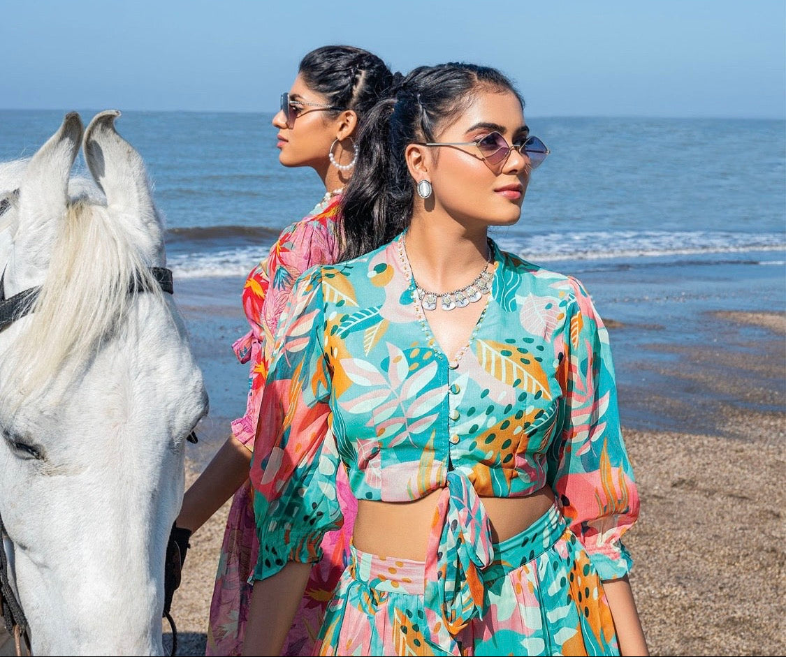 Viscose Chiffon Digital Printed Crop Top with Palazzo – Designer Summer Wear – Sizes S to XL