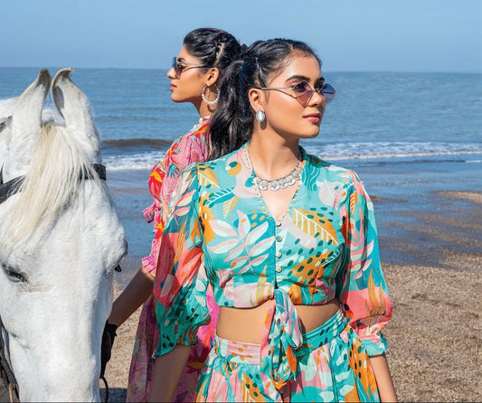 Viscose Chiffon Digital Printed Crop Top with Palazzo – Designer Summer Wear – Sizes S to XL