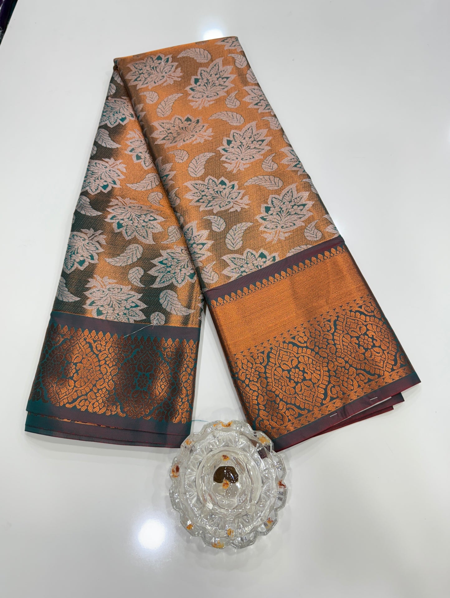 Bridal tissue saree for women with woven zari work and contrast border, kanchipuram style powerloom saree with blouse fabric