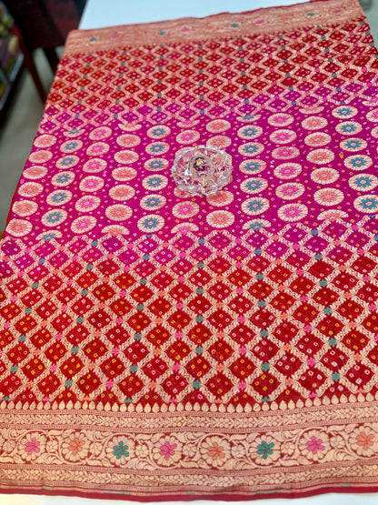 Banarasi Pure Georgette Bandhani Saree with Golden Zari Jaal and Meenakari Work – Bridal Wear
