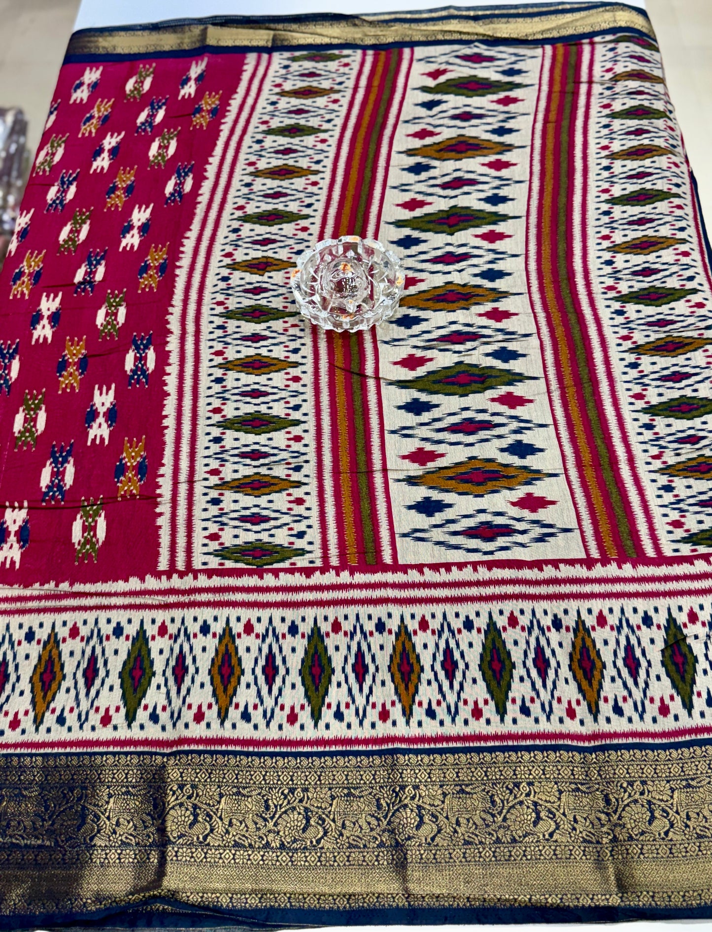 Semi Maheshwari Silk Saree with Zari Border & Ikat Style Weaving for Women