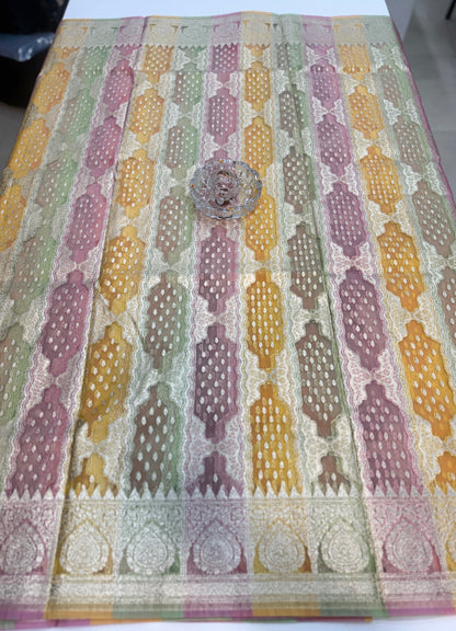 Banarasi handloom kora organza rankaat saree with allover zari stripe weaving and blouse piece