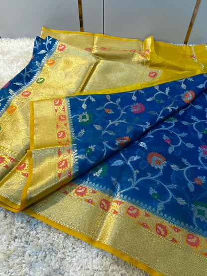 Banarasi Meenakari Georgette Silk Saree with Multi-Color Floral Weaving and Meena Border Blouse