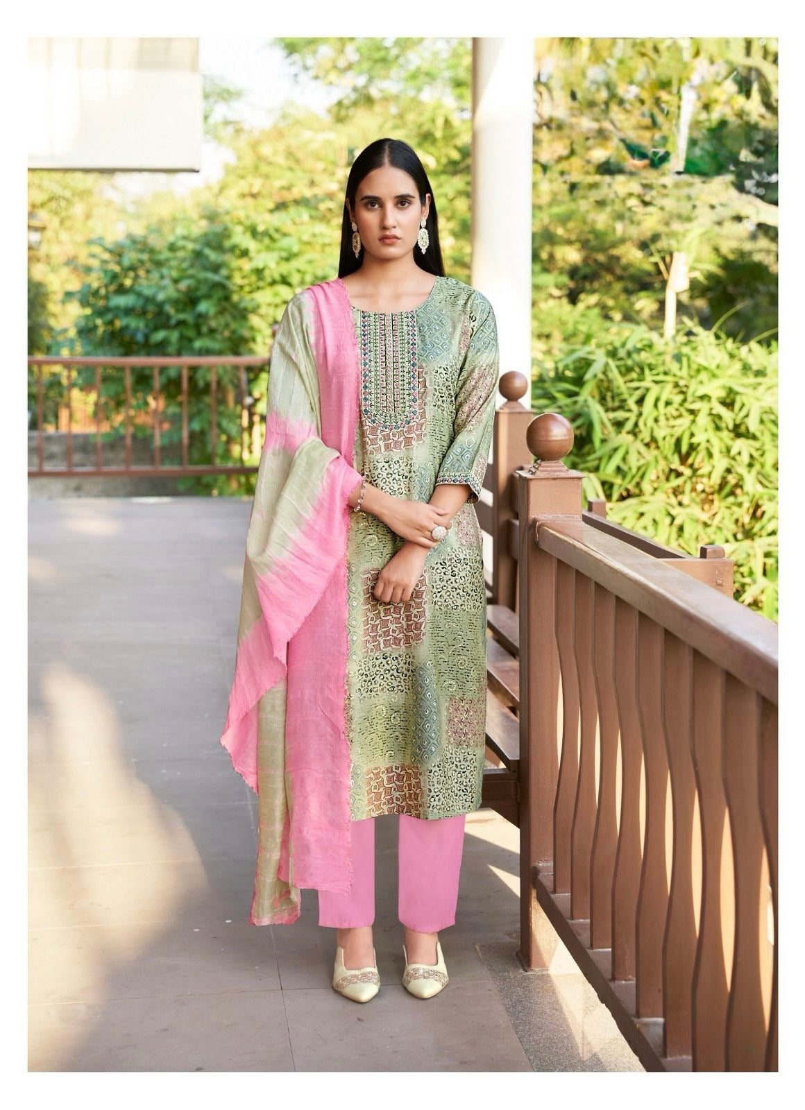 Roman Silk Modal Straight Suit Set with Foil Print, Embroidery and Chanderi Dupatta for Women