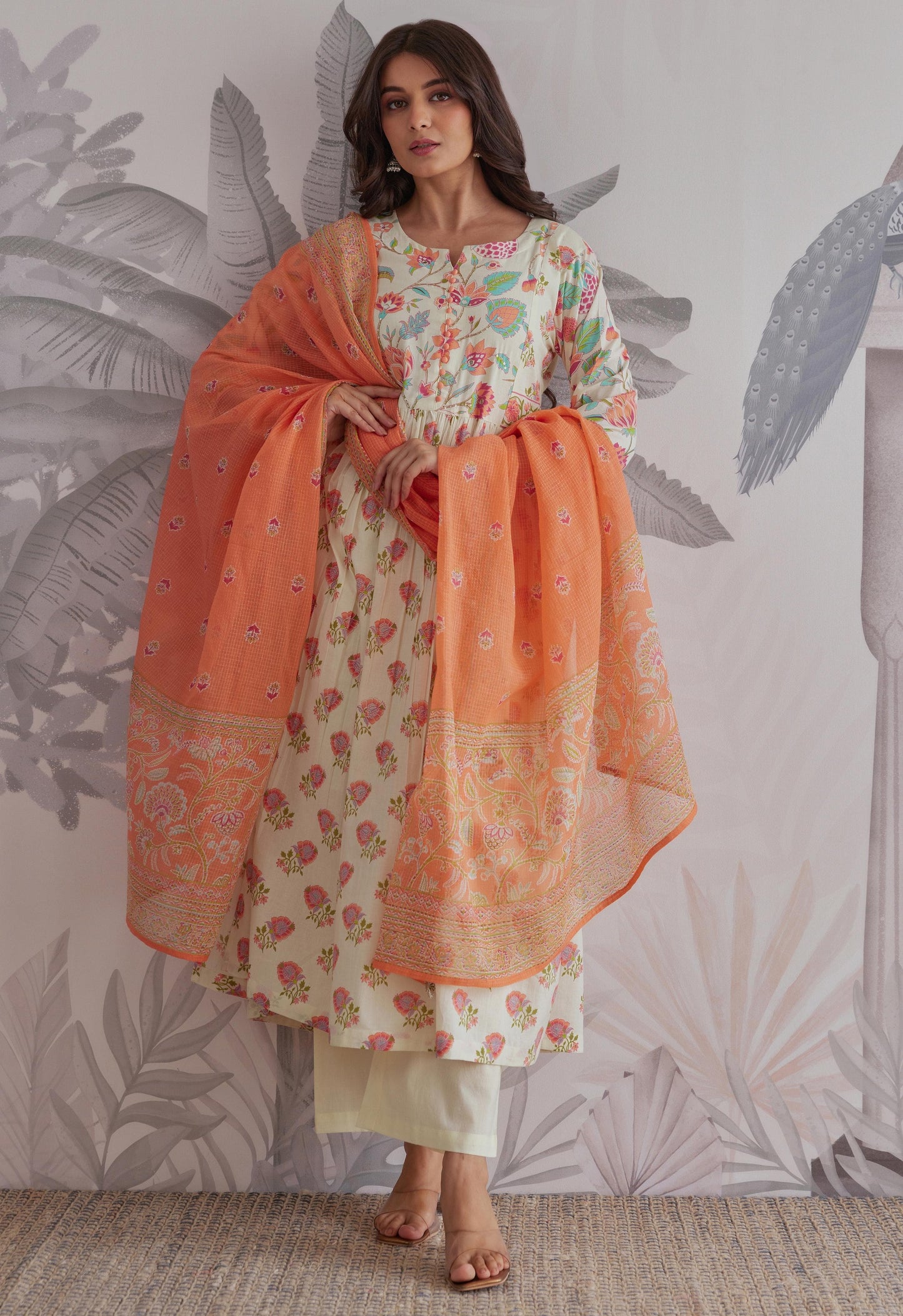 Cotton Anarkali Kurta Pant Dupatta Set with Ethnic Detailing for Women