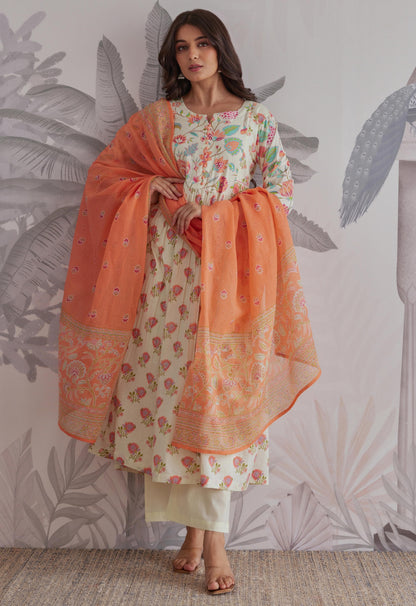 Cotton Anarkali Kurta Pant Dupatta Set with Ethnic Detailing for Women