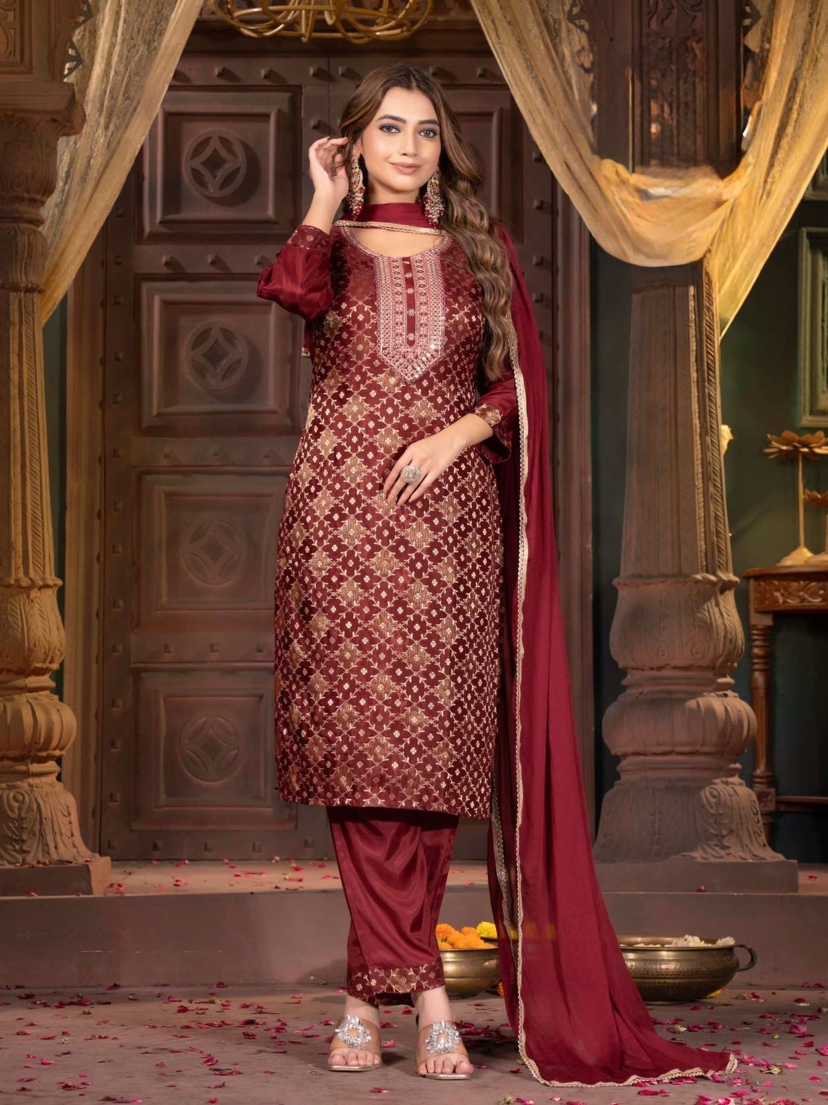 Russian Silk Jacquard Kurta Pant Dupatta Set with Chinon Dupatta – Plus Sizes XL to 3XL