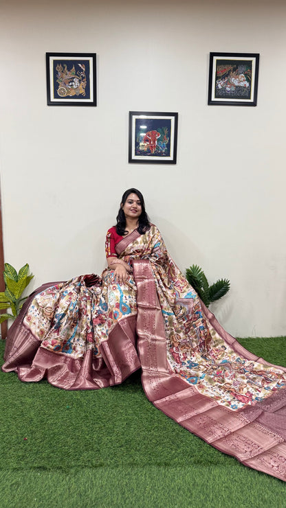Banarasi Soft Silk Saree with Kalamkari Block Print and Zari Weaving – Party Wear for Women