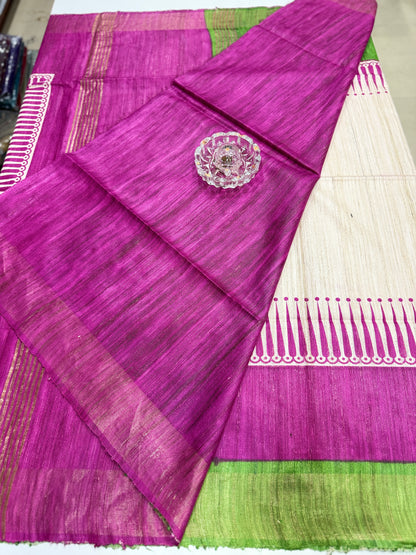 Pure Tussar Ghicha Silk Saree with Zari Border and Printed Design – Silk Mark Certified Handloom Saree