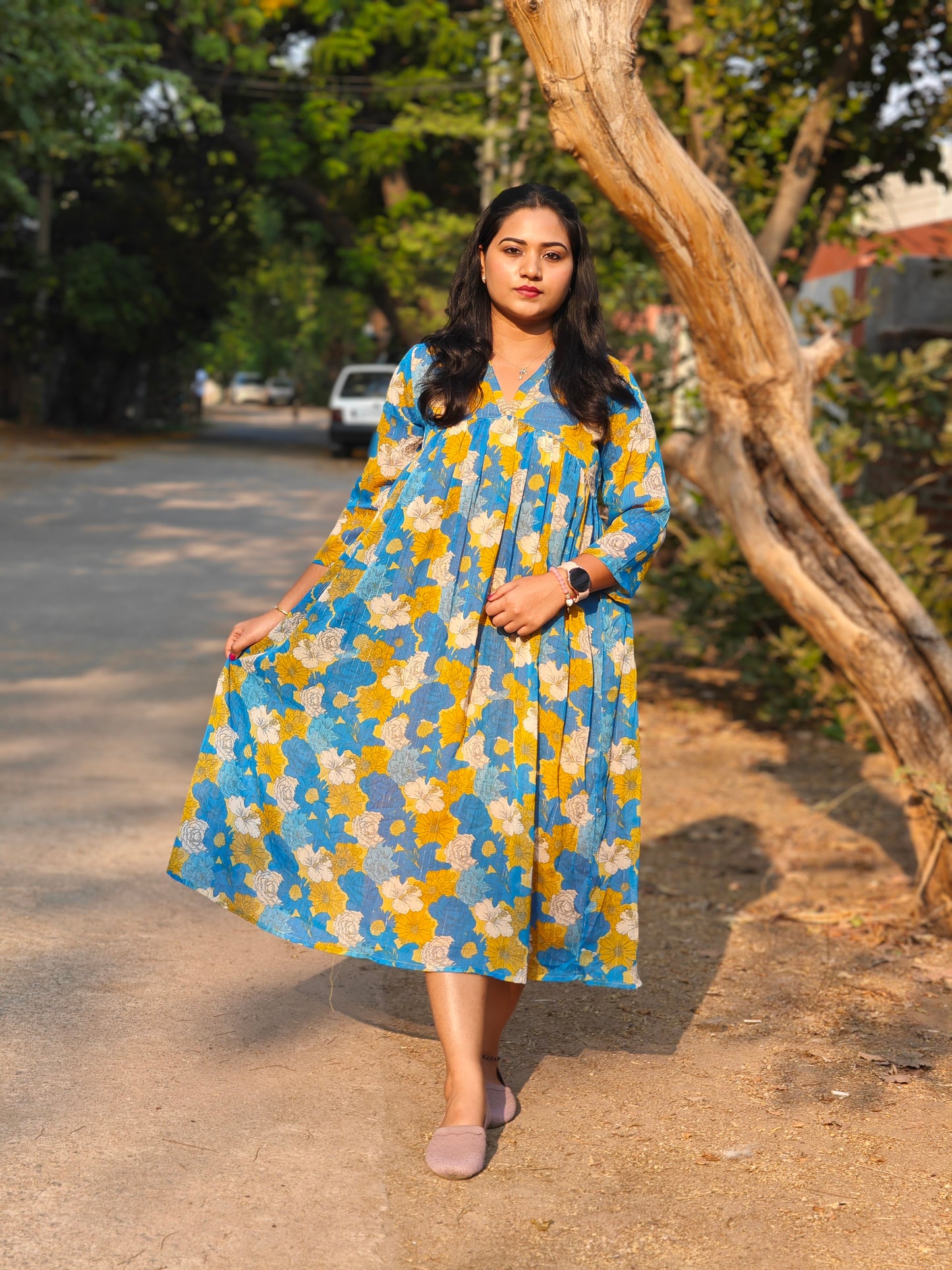 Women’s Blue Chiffon Lurex Floral Printed Flared Dress – Casual & Summer Wear