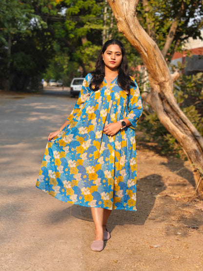 Women’s Blue Chiffon Lurex Floral Printed Flared Dress – Casual & Summer Wear