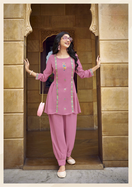 Viscose rayon co-ord set for women with short kurti and Afghani pant in thread and handwork – ethnic fusion wear