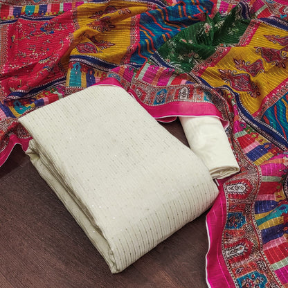 Unstitched Chanderi Dress Material with Crochet Work, Micro Fabric Bottom and Chanderi Digital Print Dupatta