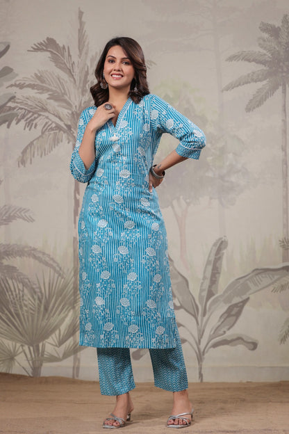 Pure Cotton Printed Kurta Pant Set for Women – Blue Daily Wear Suit Set, Sizes 38–46