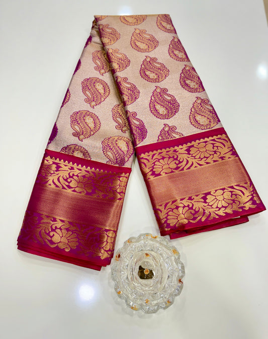 Bridal tissue saree for women with woven zari work and contrast border, kanchipuram style powerloom saree with blouse fabric