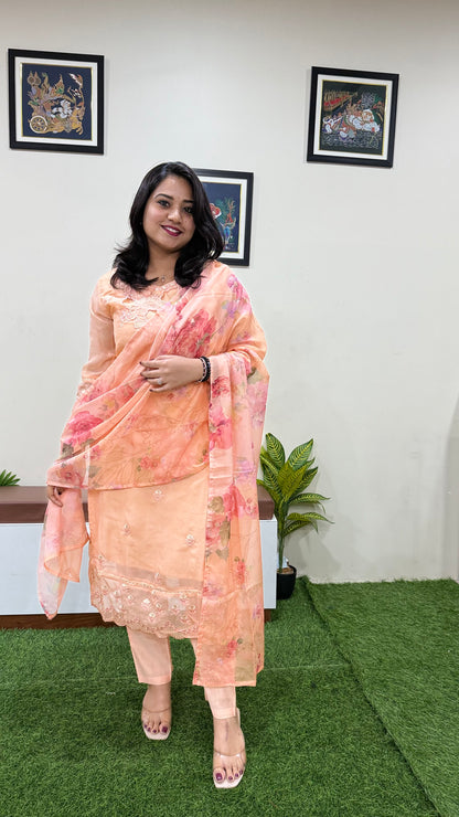 Women’s Organza Embroidered Suit Set with Viscose Silk Pant and Digital Print Dupatta – L to 3XL