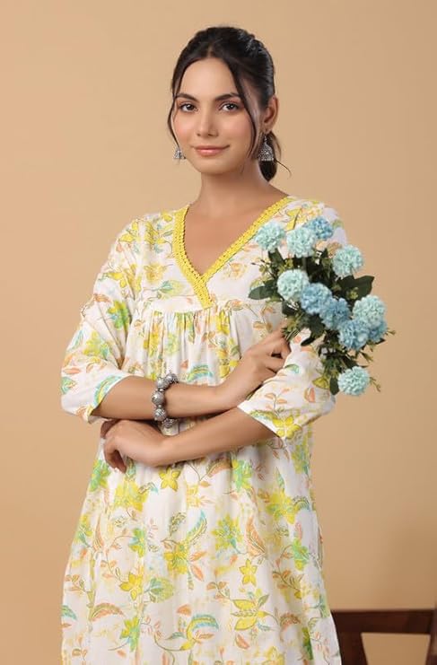 White Cotton A-Line Kurta Pant Set for Women with Yellow-Green Floral Print