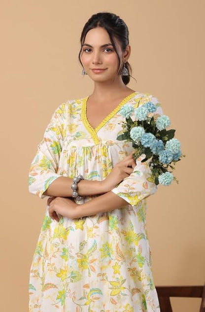 White Cotton A-Line Kurta Pant Set for Women with Yellow-Green Floral Print