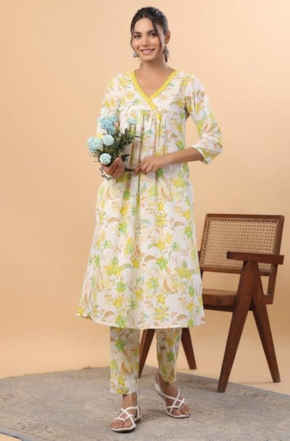 White Cotton A-Line Kurta Pant Set for Women with Yellow-Green Floral Print