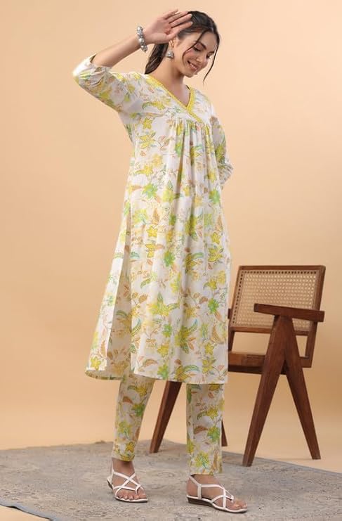White Cotton A-Line Kurta Pant Set for Women with Yellow-Green Floral Print