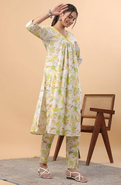 White Cotton A-Line Kurta Pant Set for Women with Yellow-Green Floral Print