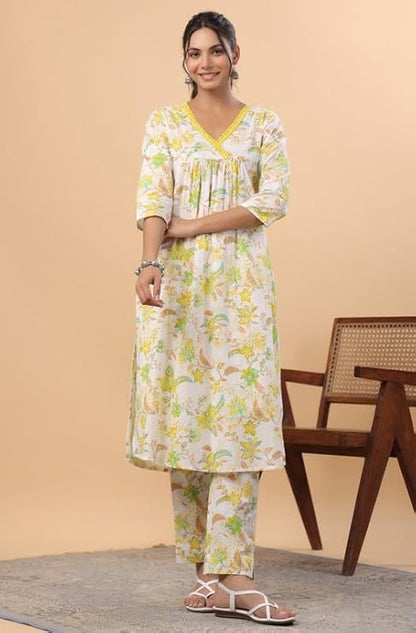 White Cotton A-Line Kurta Pant Set for Women with Yellow-Green Floral Print