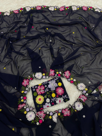 Women’s Pure Georgette Saree with Multi-Color Thread Work, Tassels and Heavy Embroidered Blouse