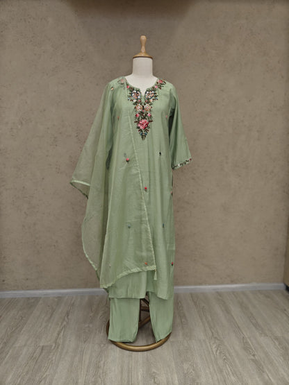 Pastel Green Roman Silk Kurta Set with Multi-Color Floral Embroidery and Organza Dupatta – 3-Piece Set for Women