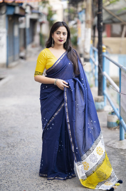 Chanderi Cotton Saree with Hand-Tied Bandhani and Block Printed Pallu – Festive Wear for Women