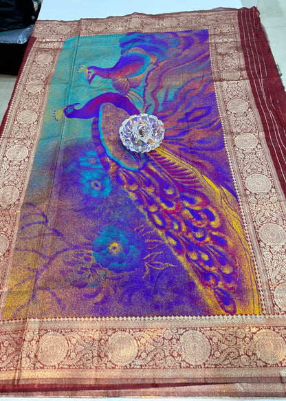 Modal silk saree with woven buttas and peacock pallu for women