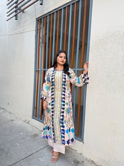 Digital Print Crepe Kurta Pant Set for Women with Tassel Detailing and Shantoon Bottom