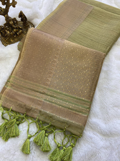 Soft Banarasi Tissue Silk Saree with Sequin Pallu, Gold Border and Running Blouse