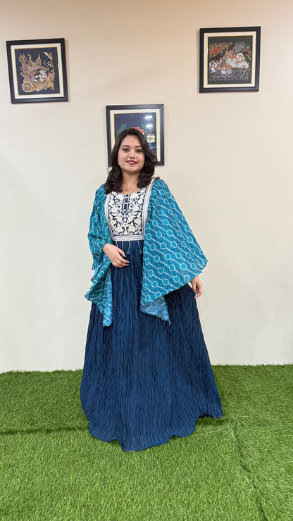 Real Chinon Silk 3-Piece Ethnic Set with Hand Moti Embroidery and Digital Sleeves – Free Size